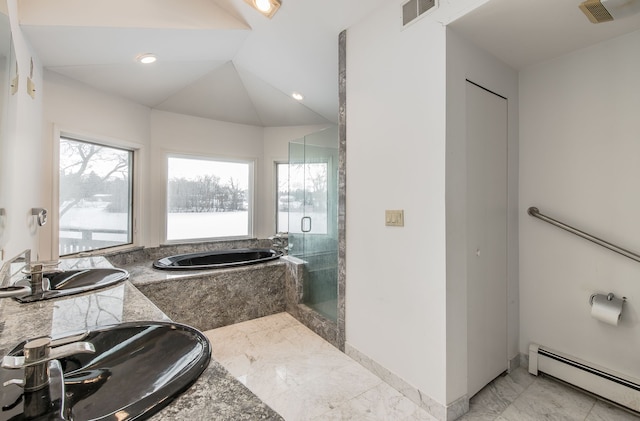 bathroom with sink, plus walk in shower, a baseboard radiator, and vaulted ceiling