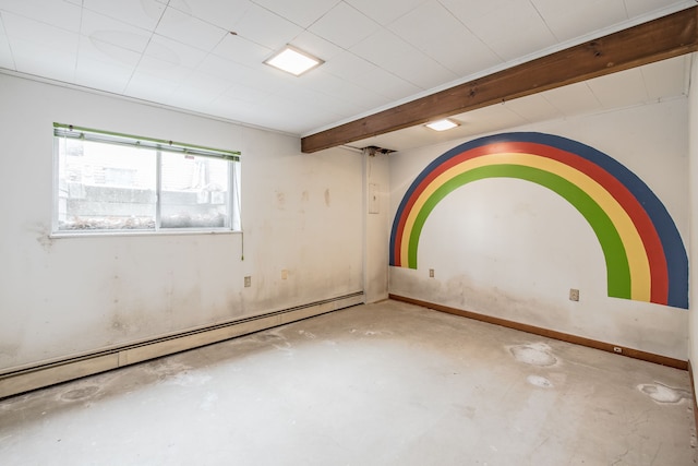 unfurnished room featuring concrete flooring, beamed ceiling, and a baseboard heating unit