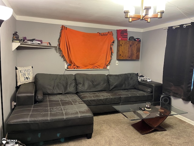 carpeted living room with a notable chandelier