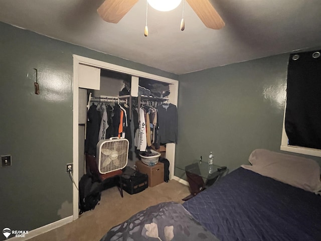 bedroom featuring carpet floors, a closet, and ceiling fan