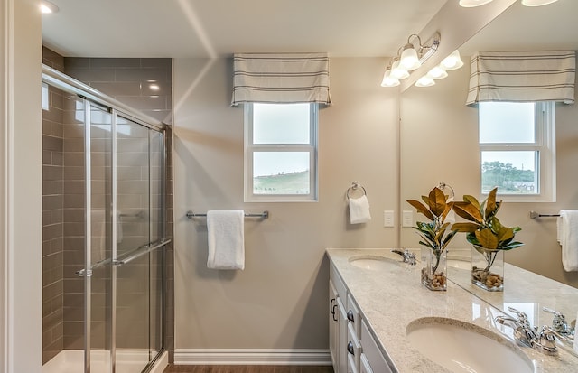 bathroom featuring double vanity, a shower stall, and a sink