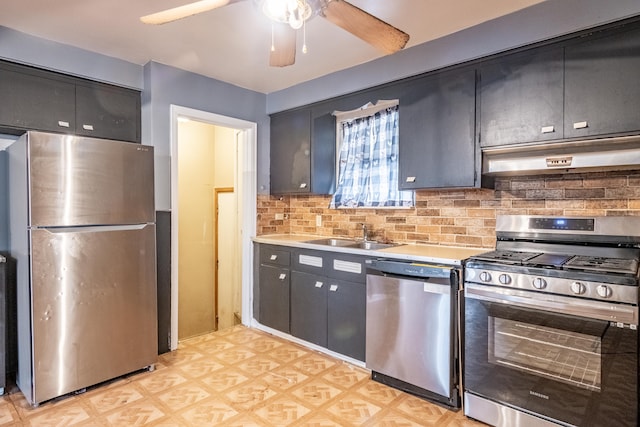 kitchen featuring backsplash, ceiling fan, sink, and appliances with stainless steel finishes