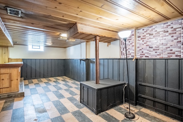 basement with wooden walls and wooden ceiling