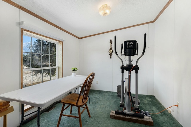 dining space featuring dark colored carpet, a textured ceiling, and ornamental molding