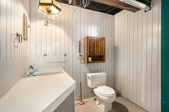 bathroom with toilet, sink, and wooden walls