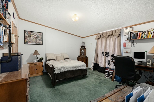 carpeted bedroom featuring a textured ceiling and ornamental molding