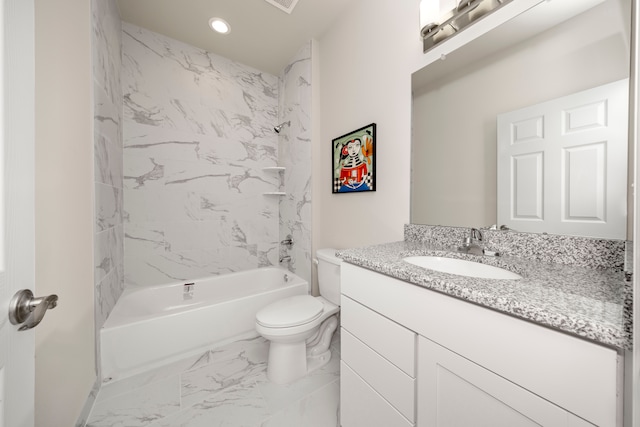 full bathroom with vanity, tiled shower / bath combo, and toilet