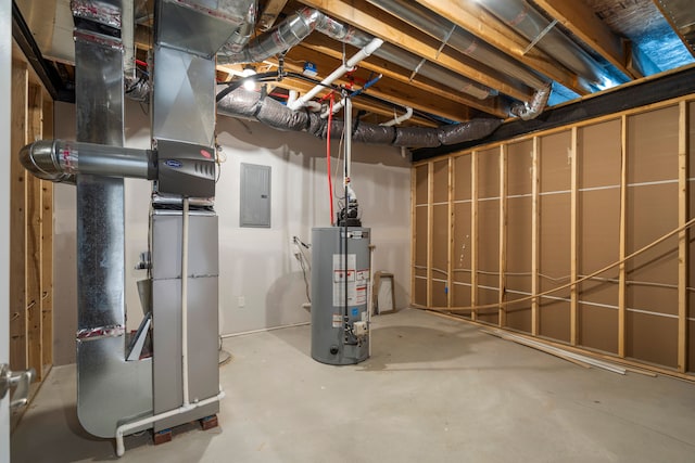 basement with electric panel and gas water heater