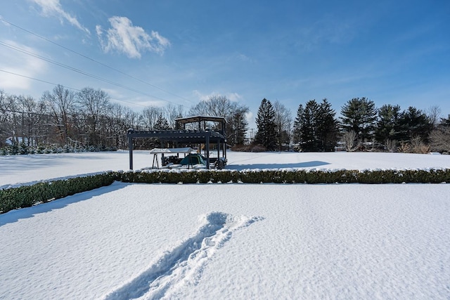 yard covered in snow with a pergola