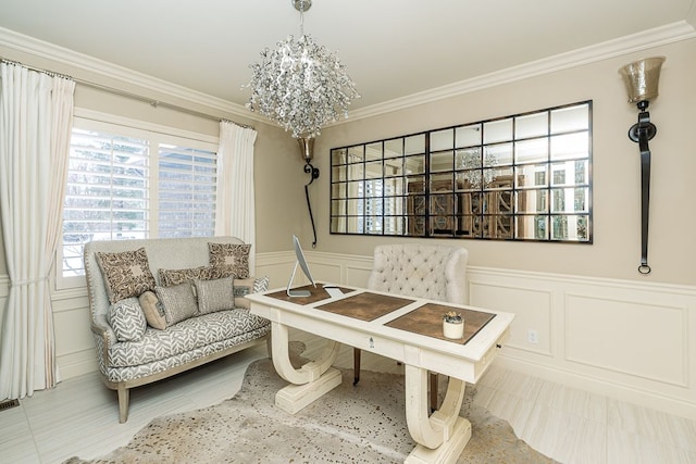 office area featuring ornamental molding and a chandelier