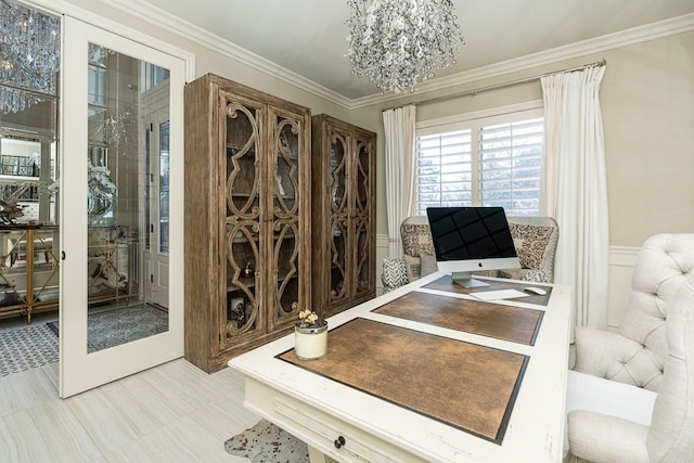 office area with an inviting chandelier and ornamental molding