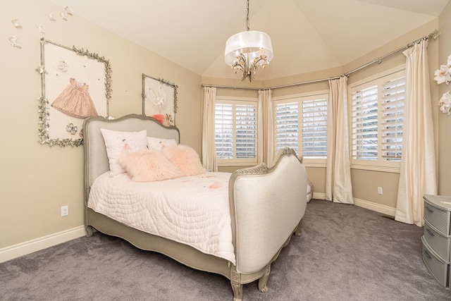 carpeted bedroom with lofted ceiling and an inviting chandelier