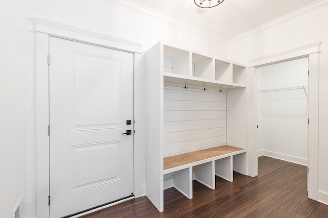 mudroom featuring dark wood-type flooring and crown molding