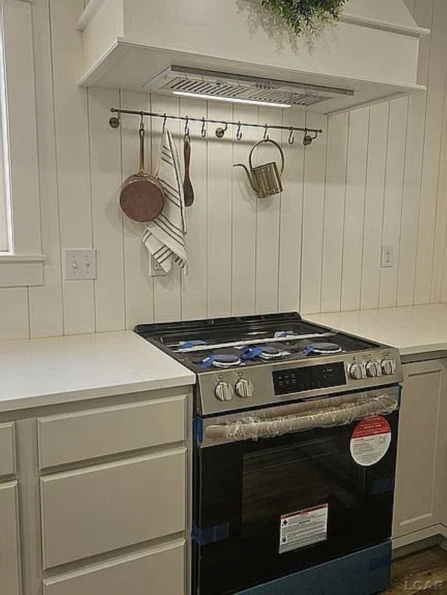 kitchen with premium range hood, dark hardwood / wood-style flooring, and stainless steel stove