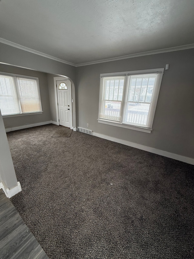 foyer entrance with crown molding, a healthy amount of sunlight, and a textured ceiling