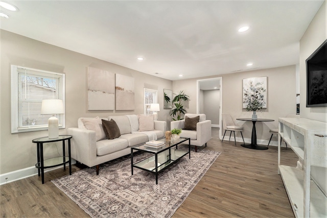 living room with dark hardwood / wood-style flooring