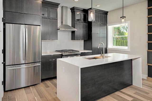 3634 Trumbull St Unit 65, Detroit, MI 48208 - kitchen featuring appliances with stainless steel finishes, wall chimney exhaust hood, sink, decorative light fixtures, and a center island with sink