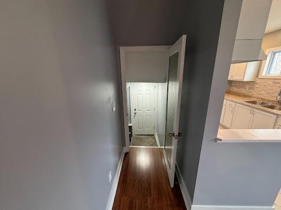 hall featuring dark hardwood / wood-style floors and sink