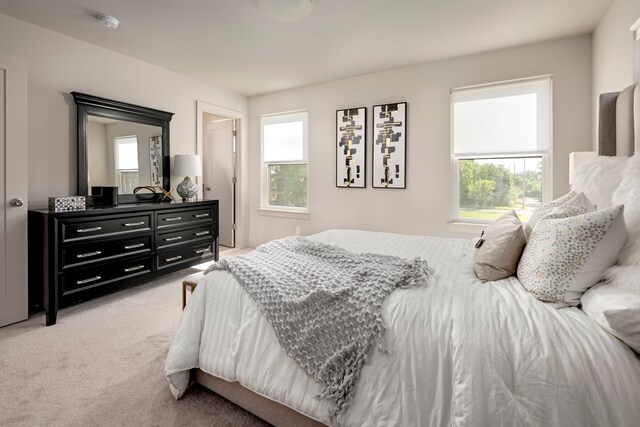 carpeted bedroom featuring multiple windows