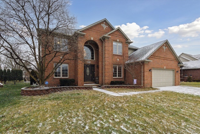 front of property featuring a front yard and a garage