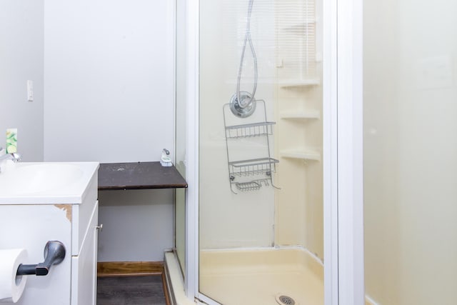 bathroom with vanity and walk in shower