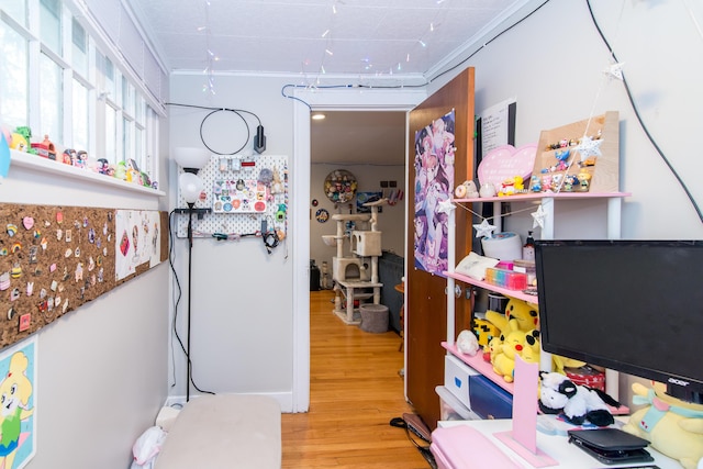 interior space with hardwood / wood-style flooring and ornamental molding