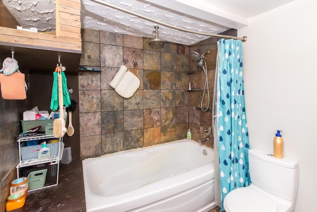 bathroom with toilet and shower / bath combo with shower curtain