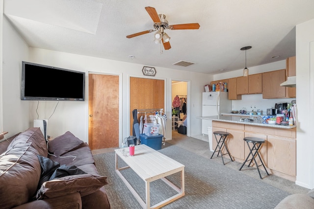 living room with ceiling fan, light carpet, and a textured ceiling