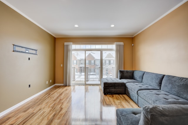 living room featuring crown molding and light hardwood / wood-style flooring