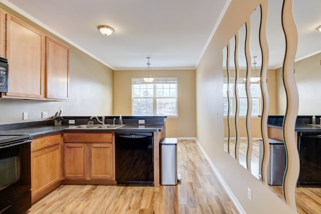 kitchen featuring electric range, dishwasher, sink, light wood-type flooring, and ornamental molding