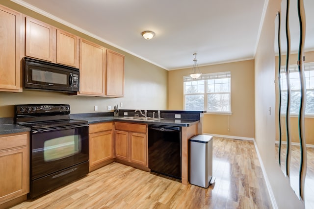 kitchen with light wood-type flooring, crown molding, sink, black appliances, and pendant lighting