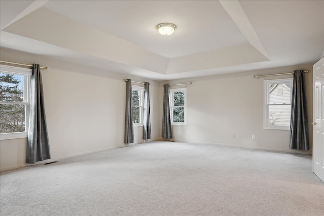 empty room featuring light carpet and a tray ceiling