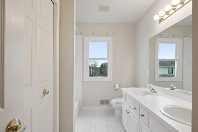 full bathroom featuring tile patterned flooring, plenty of natural light, vanity, and toilet