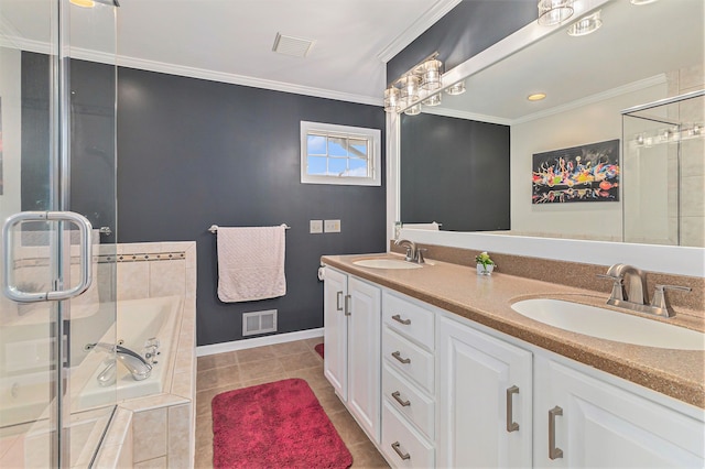 bathroom featuring tile patterned flooring, ornamental molding, separate shower and tub, and vanity