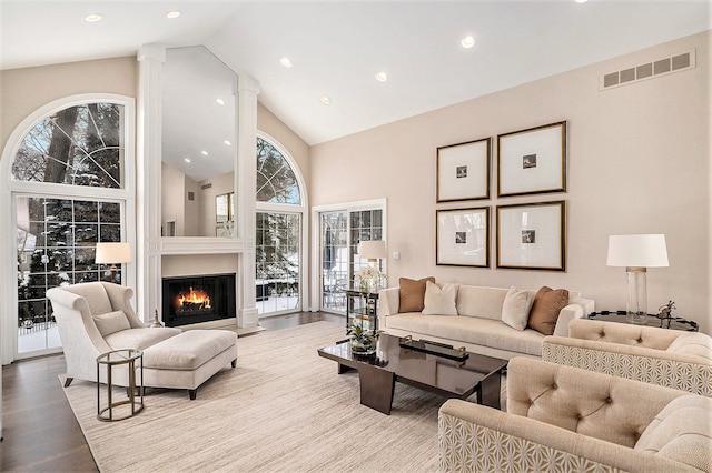 living room with wood-type flooring and high vaulted ceiling