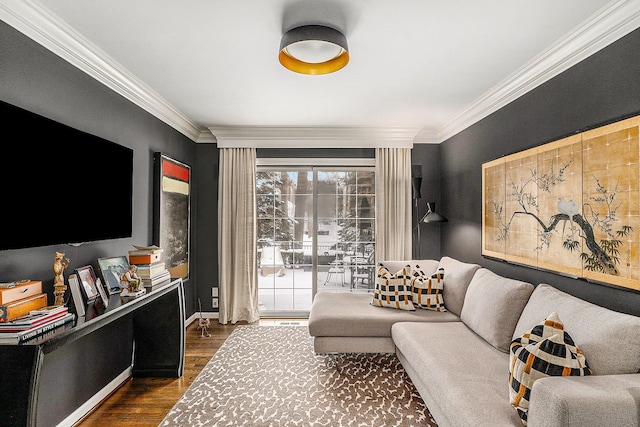 living room featuring dark hardwood / wood-style floors and ornamental molding