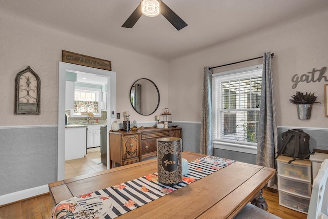 dining space featuring sink, light hardwood / wood-style flooring, and ceiling fan