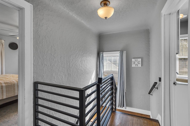 stairway featuring wood-type flooring, a healthy amount of sunlight, and a textured ceiling