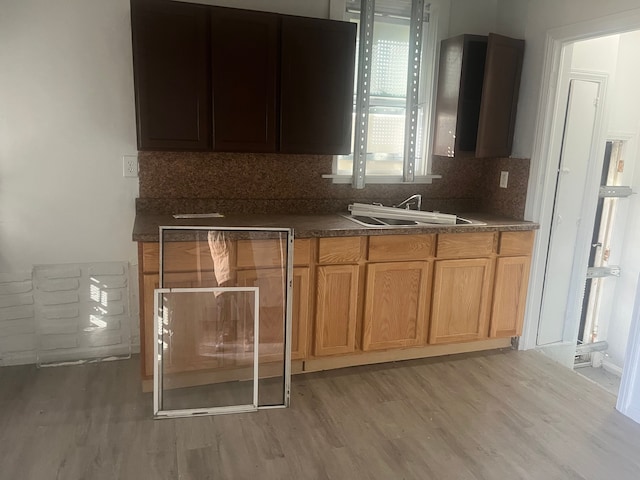 kitchen featuring backsplash, light hardwood / wood-style flooring, and sink