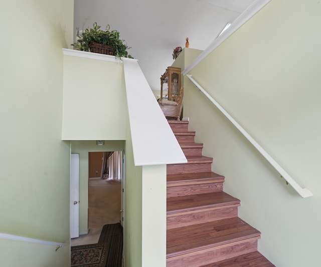 stairway featuring carpet