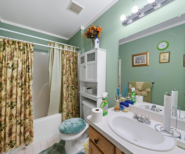 full bathroom featuring tile patterned floors, toilet, shower / bath combo with shower curtain, vanity, and ornamental molding