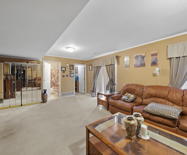 carpeted living room featuring crown molding