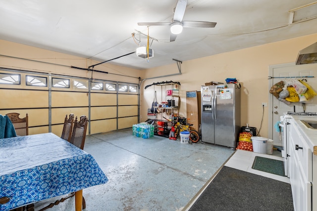 garage with ceiling fan, stainless steel refrigerator with ice dispenser, and a garage door opener