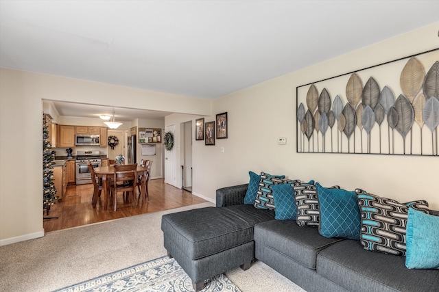 living room with dark carpet