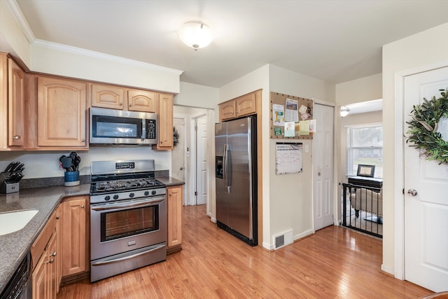 kitchen with sink, ornamental molding, light hardwood / wood-style floors, and appliances with stainless steel finishes