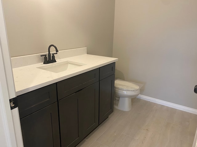 bathroom featuring toilet, vanity, and wood-type flooring