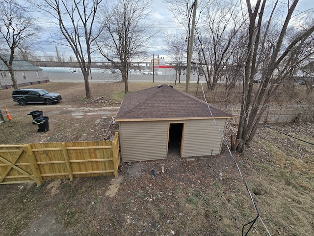 exterior space featuring a shed