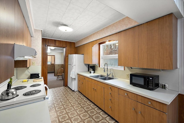 kitchen with sink, wood walls, white fridge, and cooktop