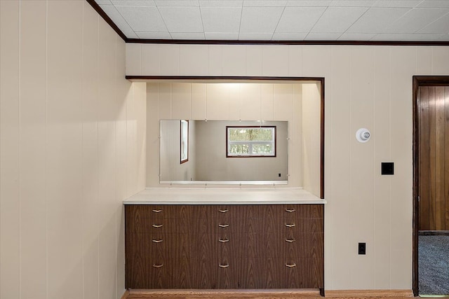 bathroom with vanity, wooden walls, and ornamental molding