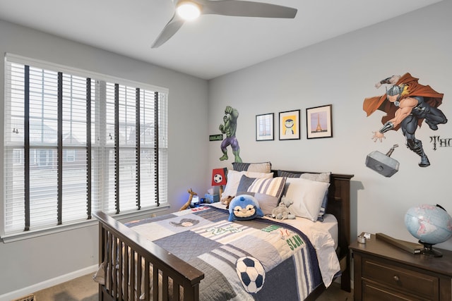 bedroom with carpet floors and ceiling fan